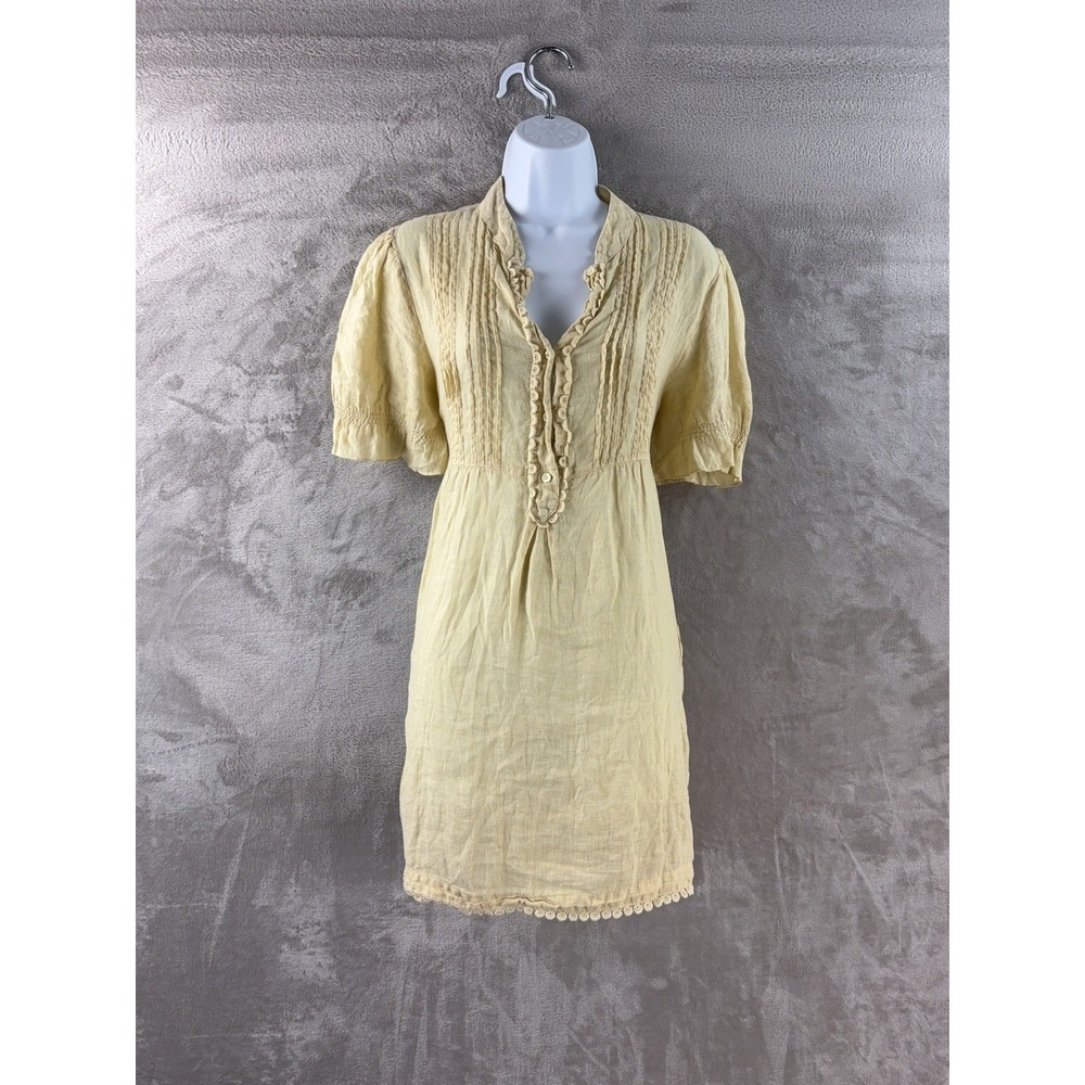 120% Lino Dress Womens Size 42 Yellow Linen Puff Sleeve Boho Mini Dress